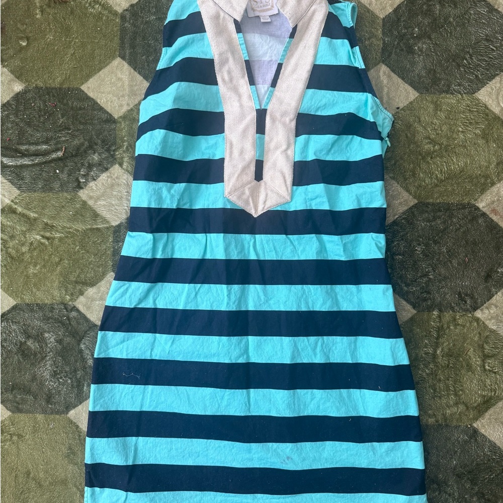 Sail to Sable Size M Sleeveless Striped Tank Dress in Aqua & Navy